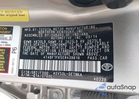 2014 Toyota Camry Le from USA, damaged, VIN 4T4BF1FK5ER439816